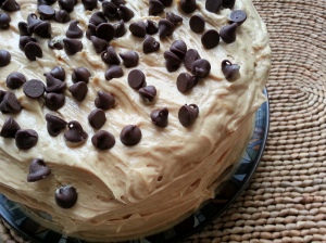 banana chocolate chip cake with peanut butter frosting